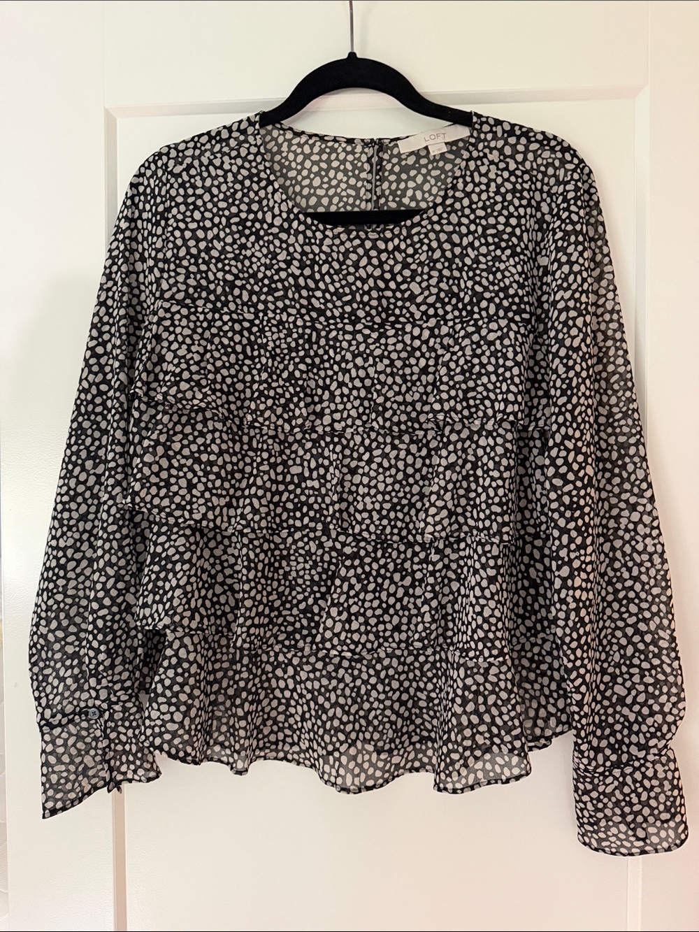 LOFT Black Blouse with White Pebble Print and Ruffled Tiers